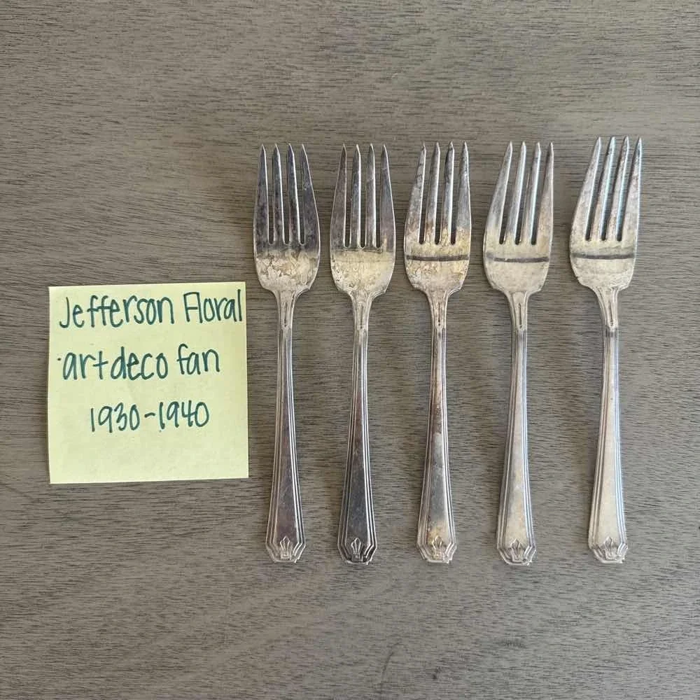 5‎ Jefferson Floral Art Deco Fan Forks 1930-1940 Silverplate Flatware